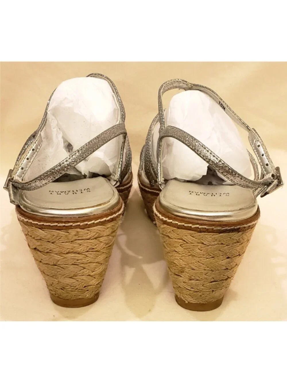 Stuart Weitzman Espadrille Wedge Strappy Sandals Size 10M Silver Glitter Leather